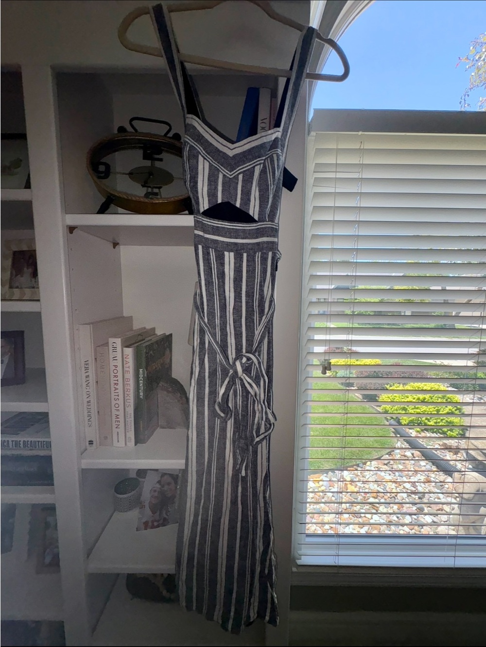 BCBGMaxAzria Gray and White Striped Cutout Midi Dress with Waist Tie - Picture 3 of 6